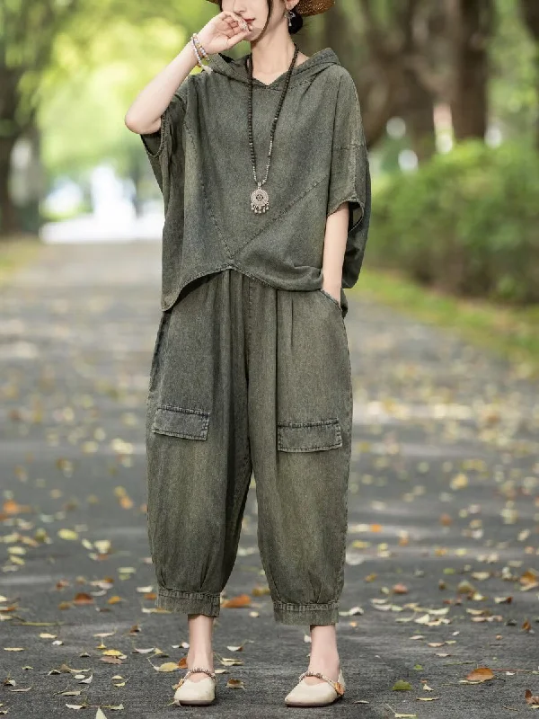 Epic Deals Women Retro Summer Solid Denim Spliced Hooded Shirt+Pants AA1055