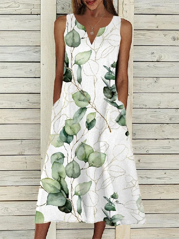 Markdowns Leaf Loose Casual V Neck Dress  QM86