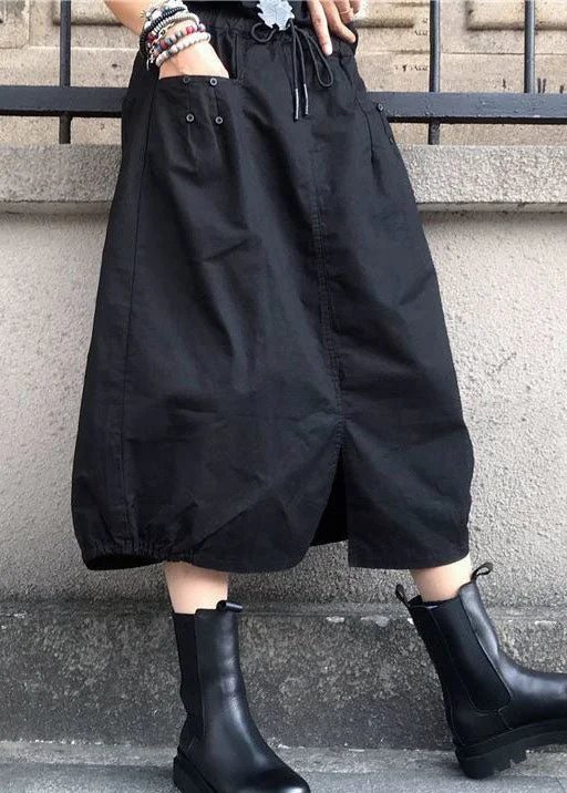 Deal Mania Fashion Black Wrinkled Pockets Elastic Waist Cotton Skirts Spring LY0602
