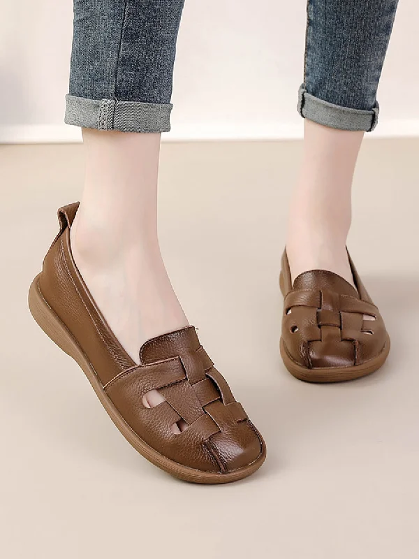 Referral Discount Women Summer Vintage Leather Soft  Weave Flat Shoes AS1018