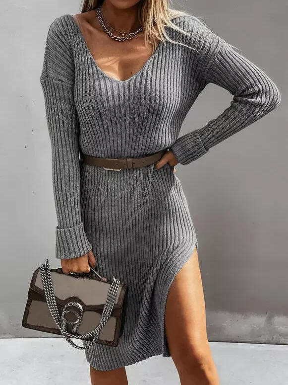 Closeout Sale Plain Casual Cotton-Blend V Neck Dress OY29