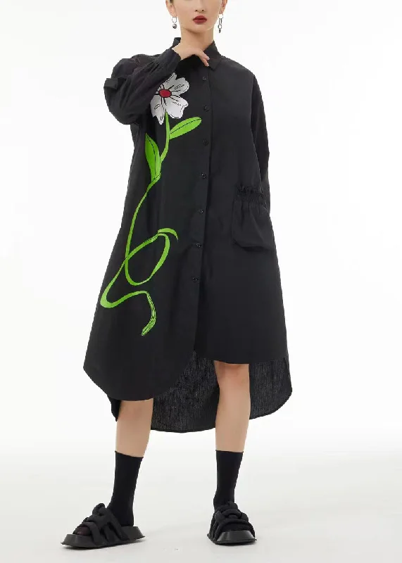 Final Markdown Stylish Black Asymmetrical Floral Pocket Cotton Vacation Dresses Spring LC0108