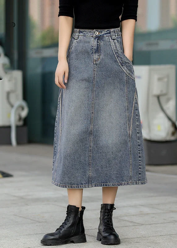 Weekend Special Classy Denim Blue Patchwork Elastic Waist A Line Skirt TY1005