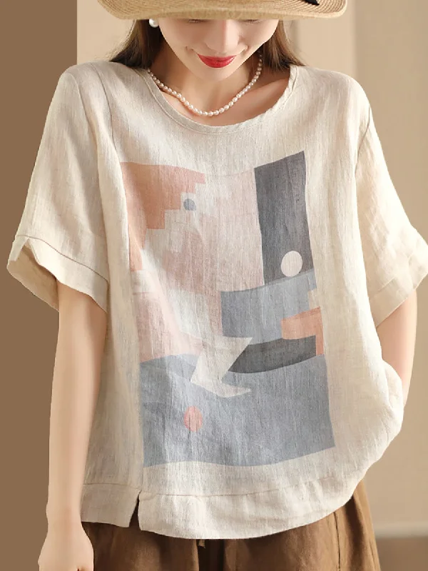 Savings Event Women Casual  Summer Print O-Neck Linen Shirt WE1028