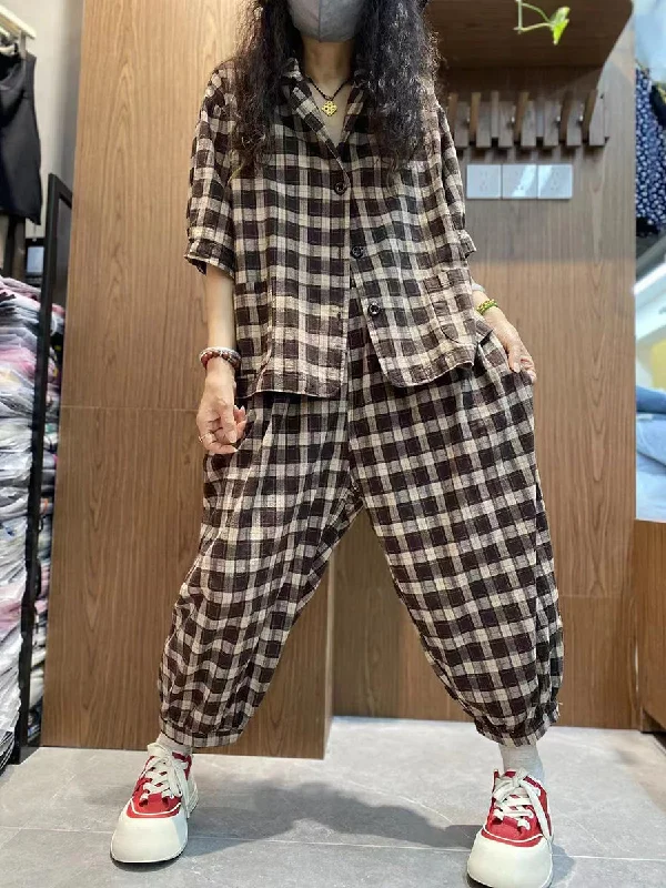 Steals and Deals Plus Size Women Vintage Plaid 100%Cotton Summer Suits IO1032