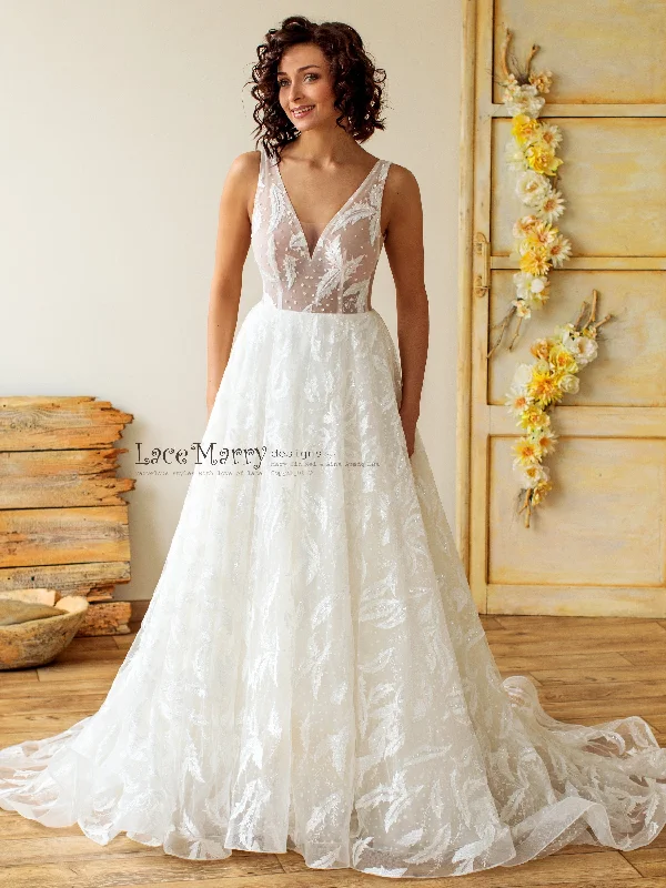 Anniversary Sale Sparkling Lace Wedding Dress with V Neckline