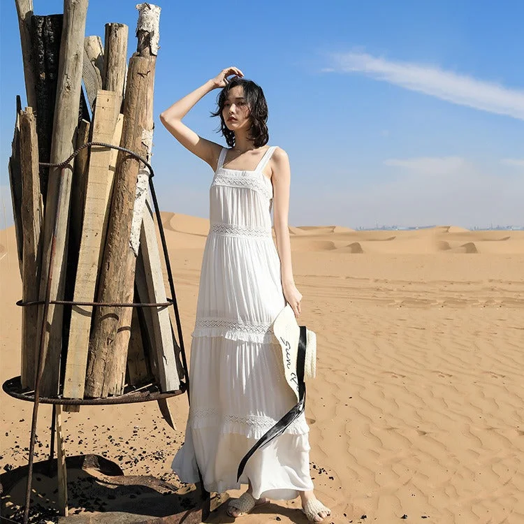 Incredible Offers Solid White Color Bohemian Lace Patchwork Casual Maxi Long Dress