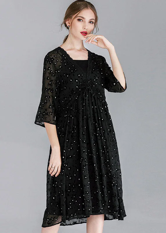 Final Sale Diy Black V Neck Patchwork Chiffon Dresses Two Pieces Set Spring LY0006