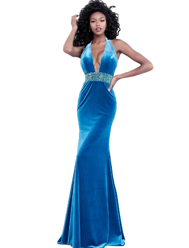 Savings Spectacular Jovani Teal Backless Halter Neckline Velvet Prom Dress