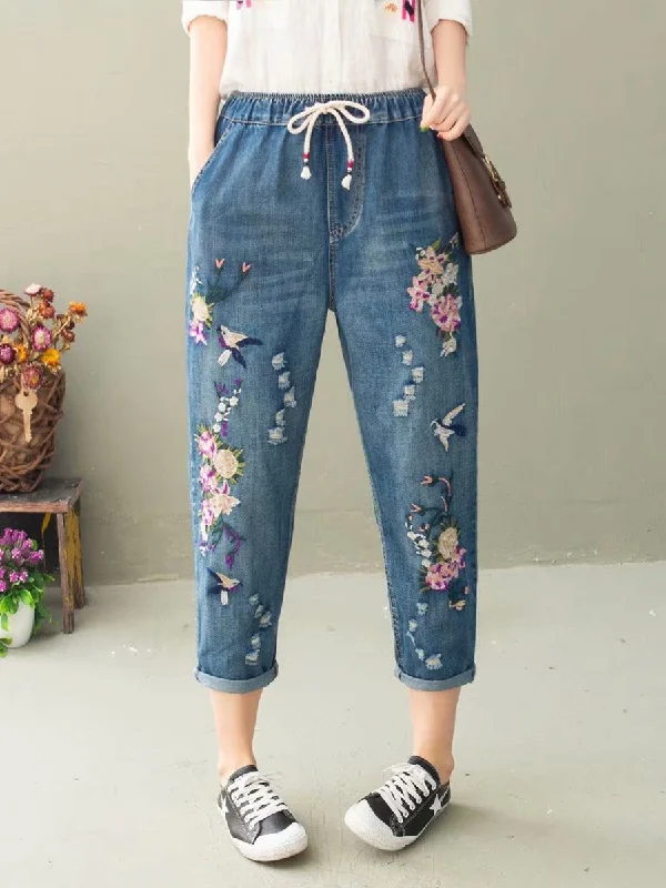 Price Buster Women Summer Casual Flower Embroidery Denim Harem Pants IO1022