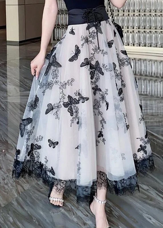 Deal Dash Fashion Beige Embroideried Tie Waist Tulle A Line Skirt Summer TY1045