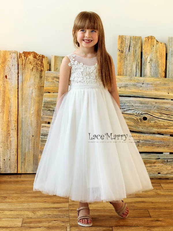 Closeout BETCY / Junior Bridesmaid Dress with Ivory Flower Appliques