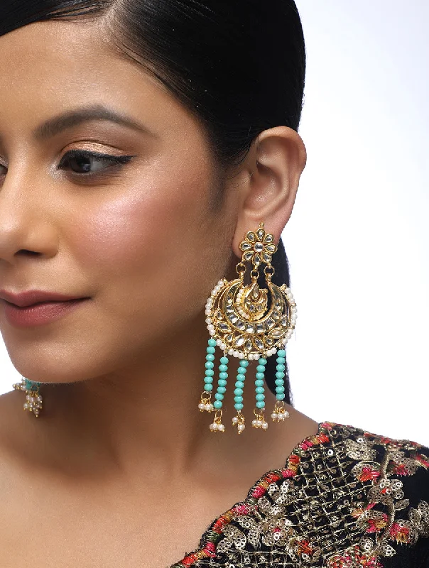 Markdown Madness Turquoise Tassle with Pearls Gold Chand Kundan Earrings - MRR58