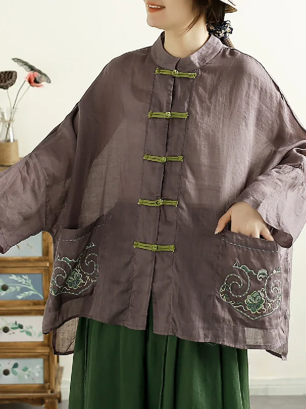 Limited Availability Women Summer Vintage Embroidery Ramie Shirt QW1045