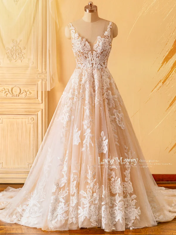 Crazy Deals CELINE / Enchanting Lace Wedding Dress with Flower Embroidered Tulle