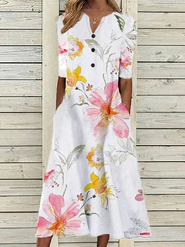 Big Discounts Floral Casual V Neck Half Sleeve Buttoned Pockets A-line Dress  QV113