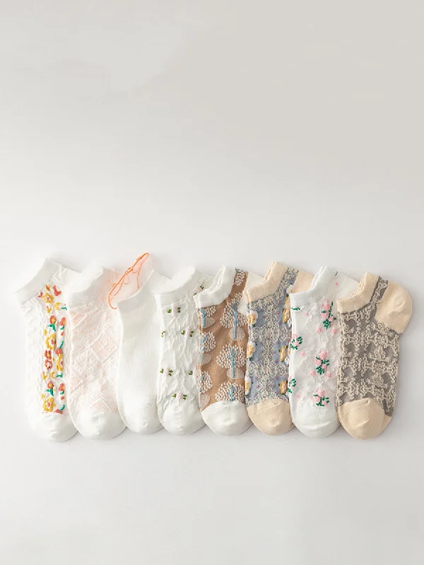 Super Bargain 4 Pairs Women Summer Artsy Flower Jacquard Socks AS1009