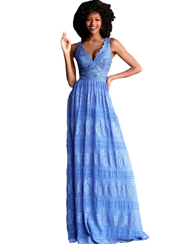 Markdowns Jovani Blue Lace V Neck Sleeveless Flowy Prom Dress