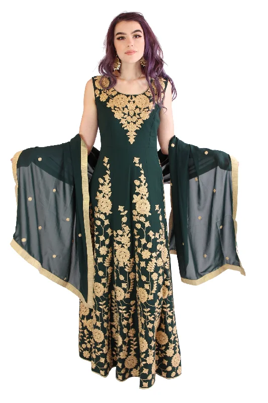 Price Blitz Hunter Green and Gold Embroidered Long Anarkali Gown