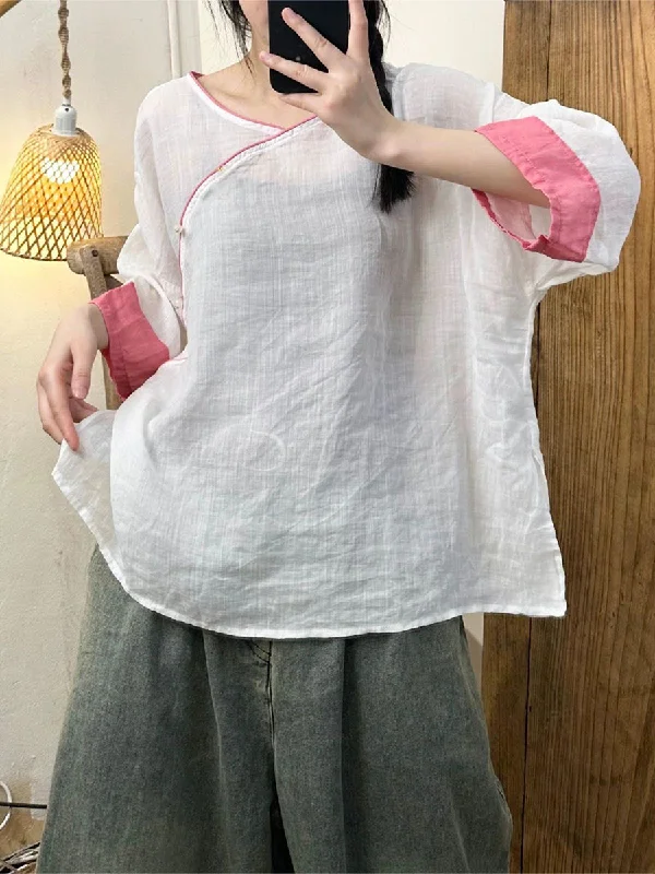 The Best Prices Women Summer Ethnic Colorblock Ramie Loose Shirt AA1009