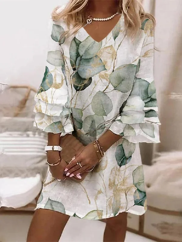 Unmissable Offer V Neck Ruffled Sleeves Casual Leaf Loose Dress AD984