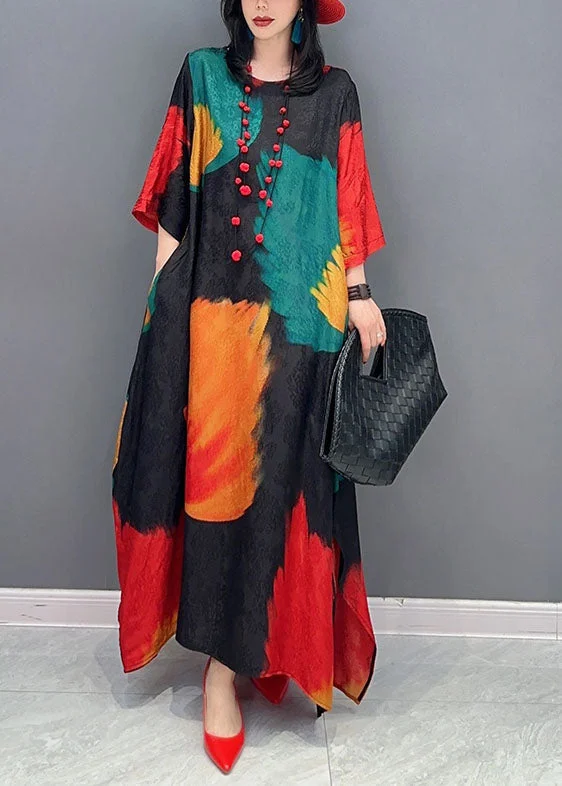 Special Price Chic Colorblock O Neck Print Patchwork Cotton Maxi Dress Spring LC0358