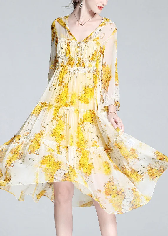 Warehouse Sale Cute Yellow V Neck Print Patchwork Button Silk Long Dress AC3064