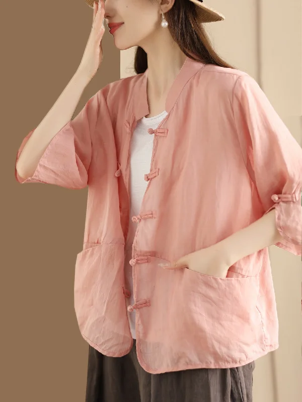 Special Discount Women Summer Ethnic Solid Button-up Ramie Shirt QW1046