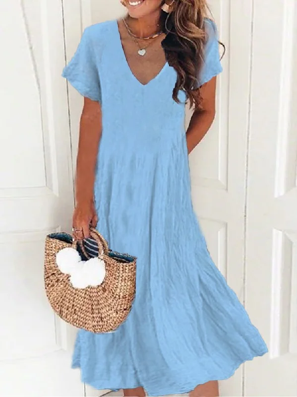 Get It Before It’s Gone New Women Chic Plus Size Vintage Boho Hippie Short Sleeve V Neck Plain Casual Weaving Dress  QA59