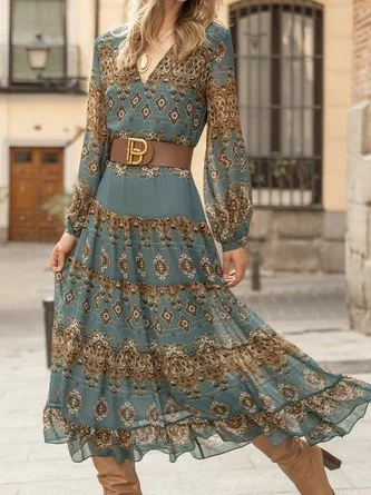 Bonus Savings V Neck Chiffon Vacation Ethnic Dress MMr60 F3991