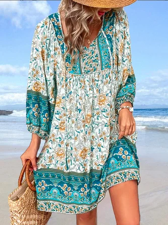 Reduced Prices V Neck Floral Vacation 3/4 Sleeve Woven Dress MMr31
