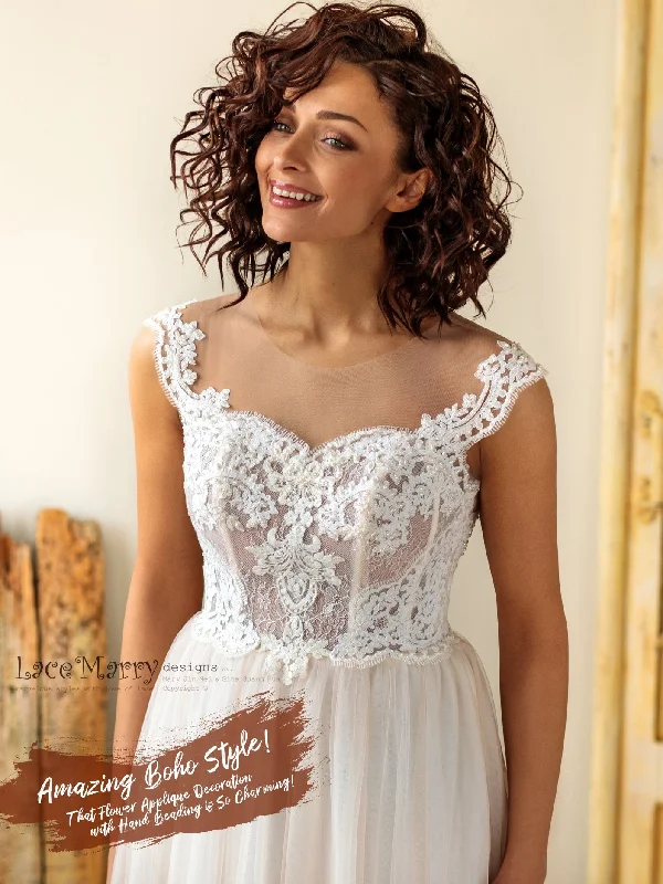 Price Cut Charming Boho Wedding Dress with Pearl Beaded Illusion Neckline