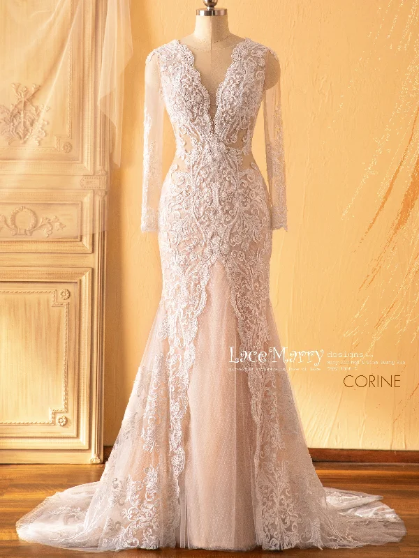 TIME-Limited Offer CORINE / Lace Wedding Dress with Illusion Slit on the Skirt
