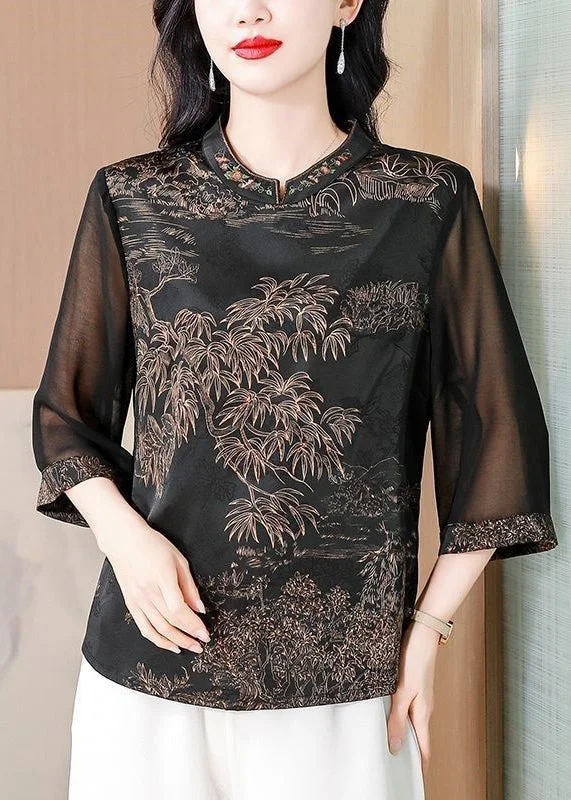Get It Before It’s Gone Coffee Embroidered Print Silk Shirt Stand Collar Summer OP1058 Get It Before It’s Gone Coffee Embroidered Print Silk Shirt Stand Collar Summer OP1058