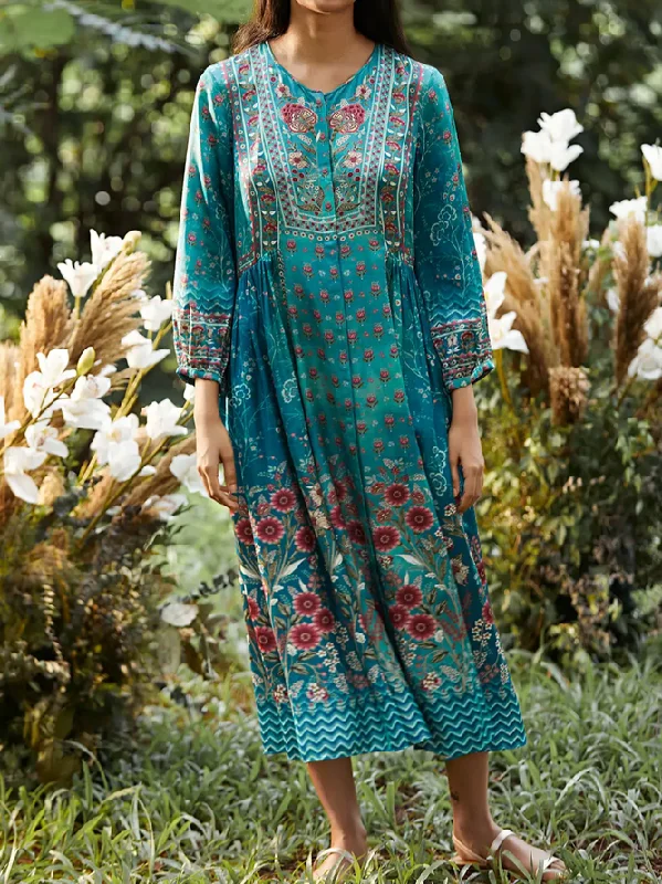 Online Only Crew Neck Ethnic Floral Regular Fit Dress QMN59