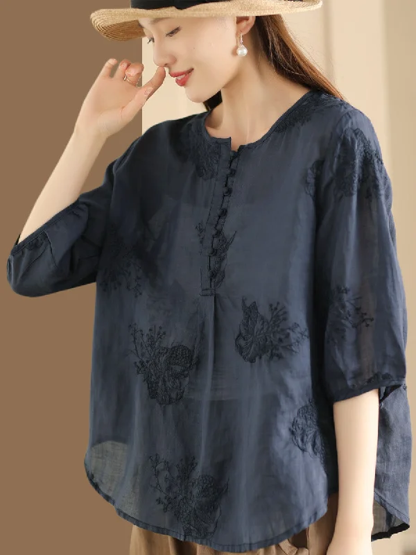 Best Seller Women Summer Artsy Embroidery Ramie Shirt TY1020