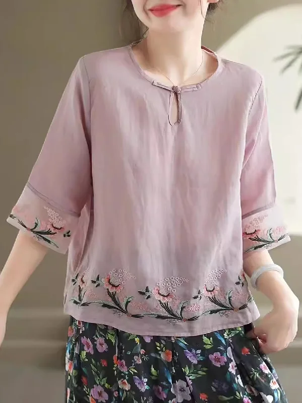 Savings Galore Women Summer Vintage Floral Embroidery Ramie Shirt AS1045
