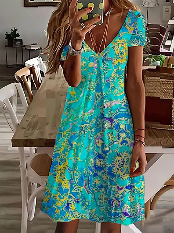 Crazy Deals V Neck Casual Short Sleeve Printed Dress  QM78