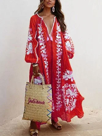 Unmissable Offer Women Printed Boho Casual Dress V Neck Holiday Maxi Dress AD1051