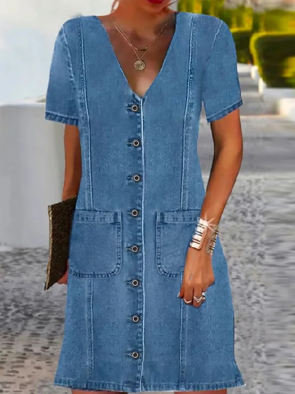 Midnight Madness Buttoned Denim Blue V Neck Casual Loose Plain Dress  QM81