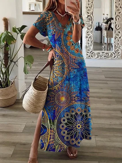 Holiday Sale Vacation V Neck Floral Short Sleeve Knit Dress  WF62