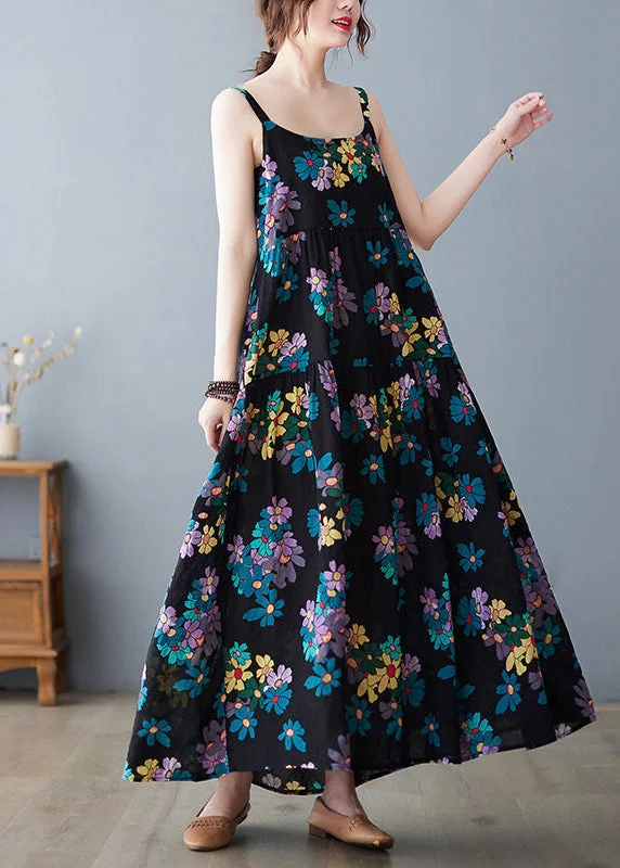 Value Deals Black Print Cotton Spaghetti Strap Dress Exra Large Hem Summer LY0909