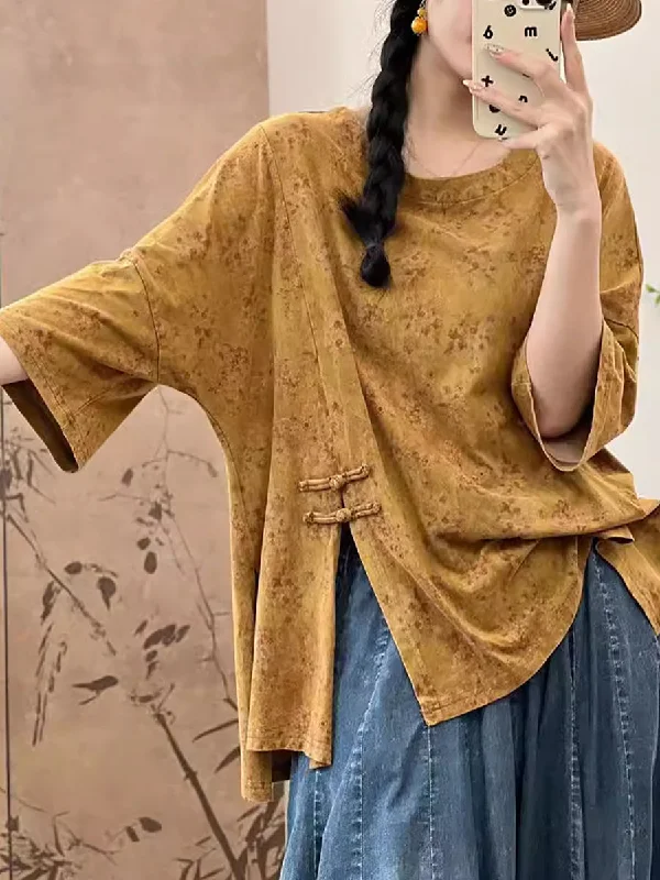 Amazing Deals Women Summer Artsy Floral Split Hem Buckle Cotton Shirt IO1007