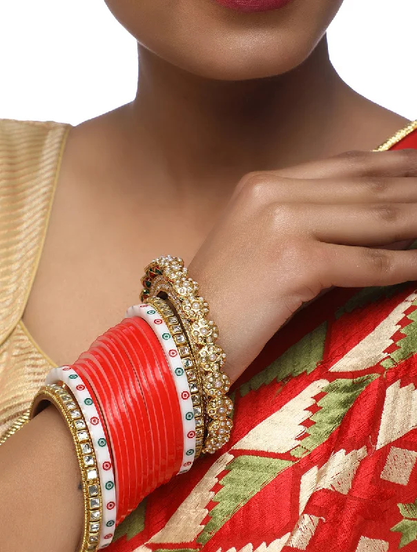Don’t Miss Out Red Chuda With Kundan Bangles & Heavy Meenakari Pearl Bangles - MRR3