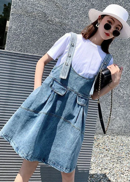 Closeout Diy Blue Oversized Patchwork Denim Strap Dress Two Piece Set Women Clothing Summer AC2014