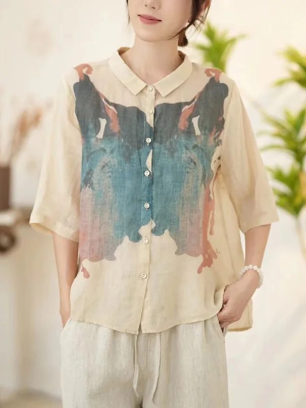 Steals and Deals Women Summer Artsy Pink Ramie Button-up Shirt WE1011