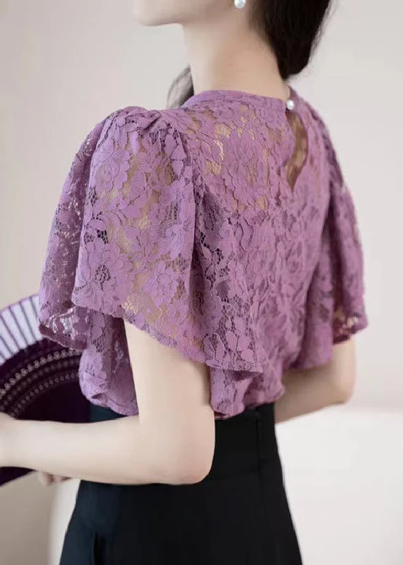 Limited Time Offer New Purple O-Neck Hollow Out Lace Shirt Summer OP1016
