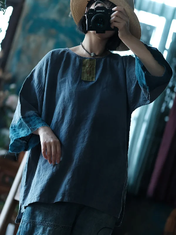 Best Bargains Women Summer Vintage Spliced Cotton Linen Loose Shirt PP1053