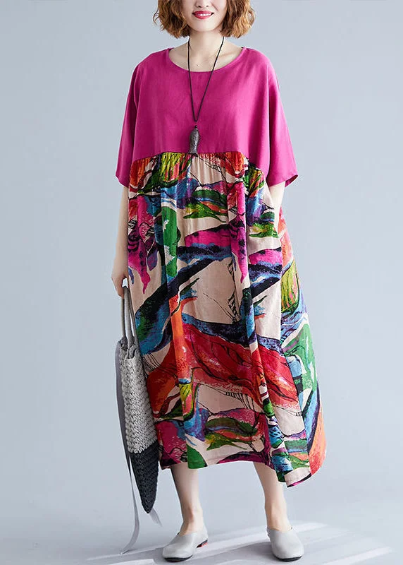 Huge Discounts Boutique Rose Oversized Patchwork Print Cotton Maxi Dresses Half Sleeve LY0919