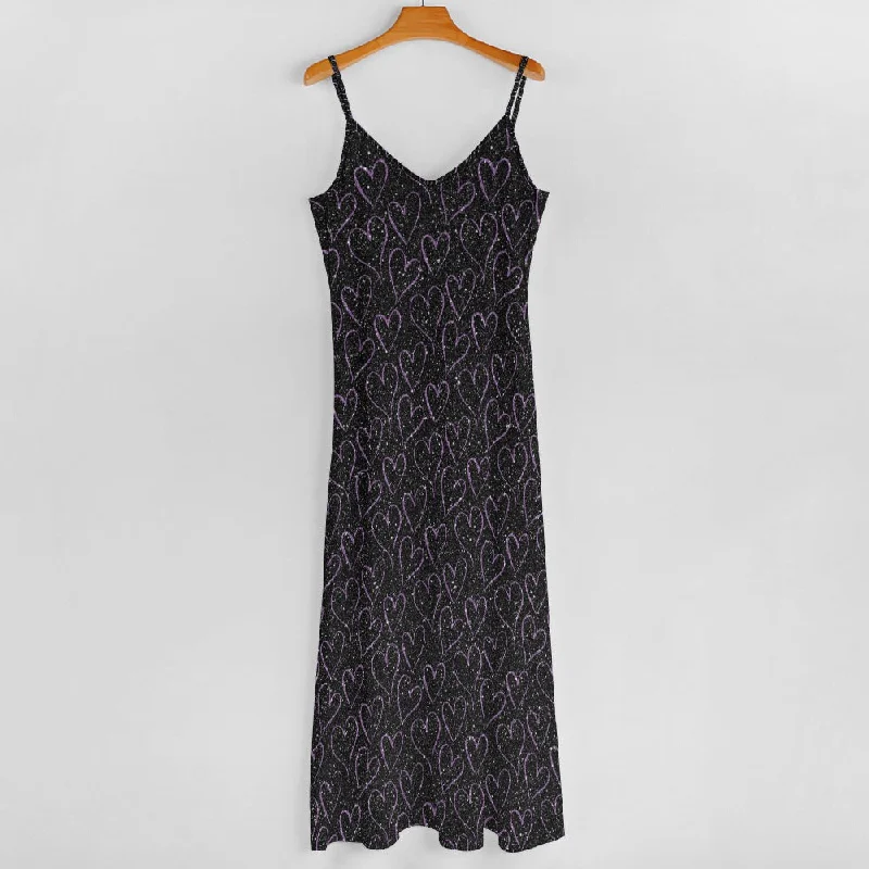 Deal Explosion Purple Sparkling Hearts Sling Ankle Long Dress